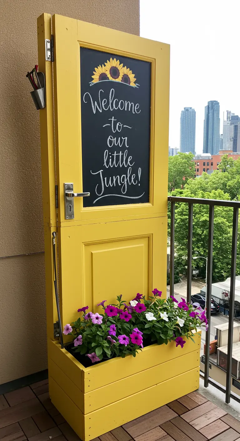 A bright yellow door on a balcony with a welcome message on the chalkboard and a built-in planter.