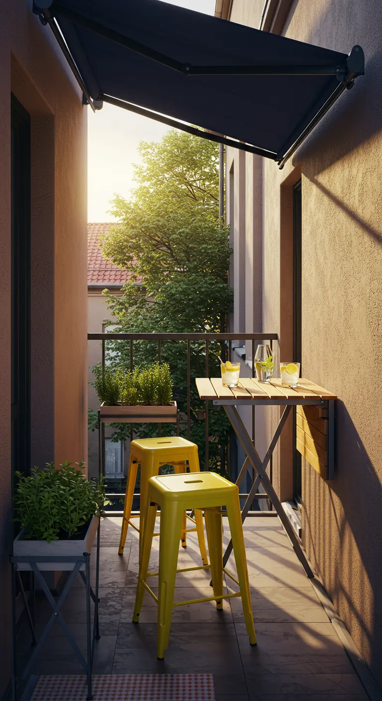 A narrow balcony with a folding wooden table, two bright yellow stools, and an awning.