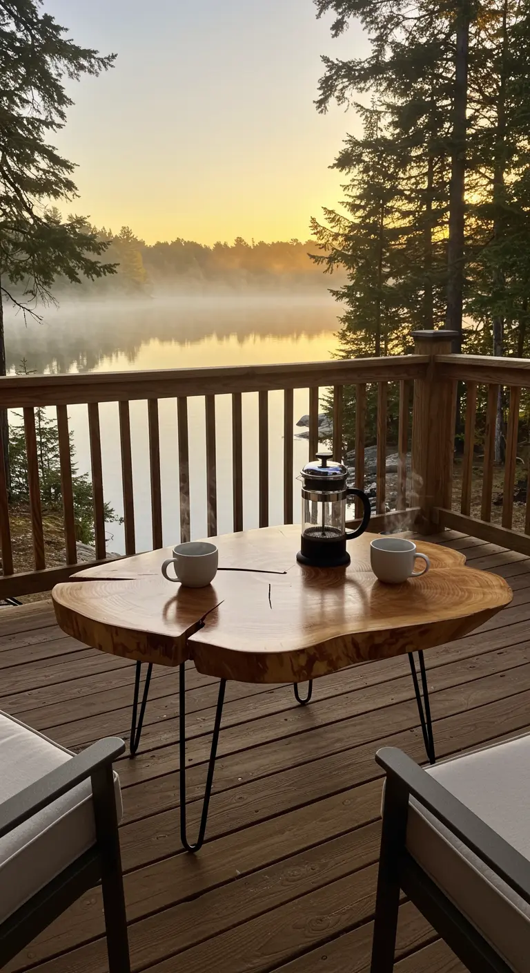 A live-edge wood slice coffee table with hairpin legs on a deck overlooking a misty lake at sunrise.