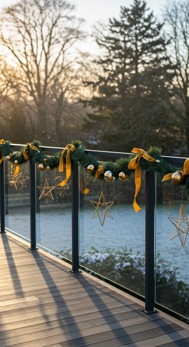Modern glass railing with garland, gold velvet ribbons, and hanging gold wire stars.