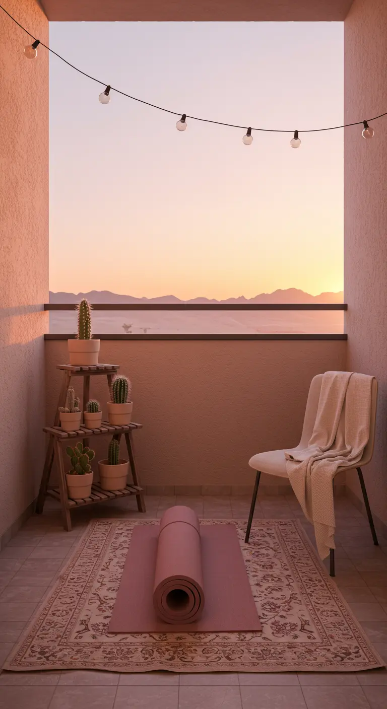 A serene balcony at sunrise with a yoga mat, a plant stand with cacti, and a chair.