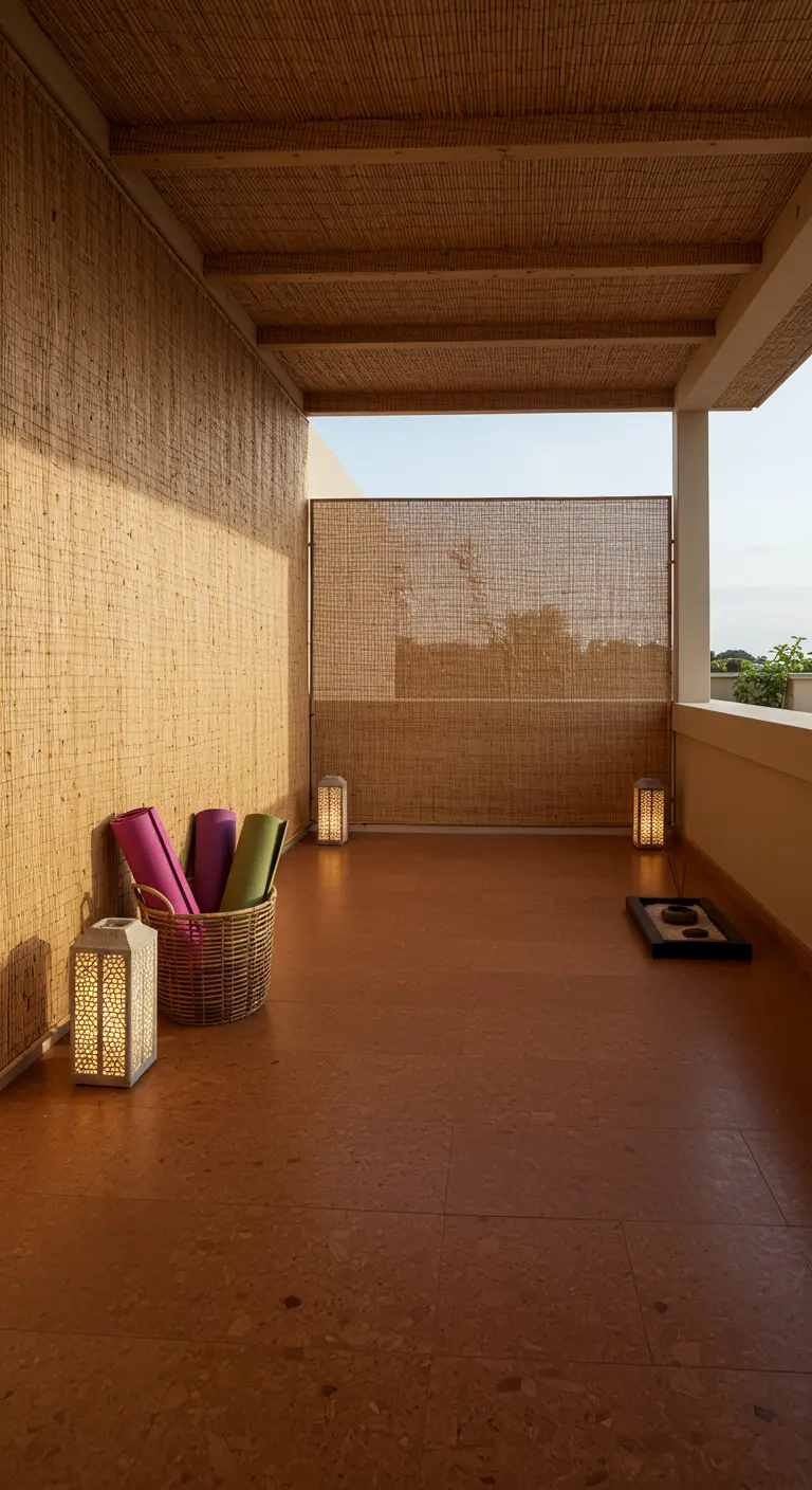 A simple, covered balcony with bamboo matting walls, perfect for yoga.