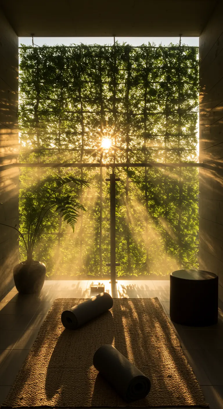 Sun rays stream through a plant-covered trellis onto a balcony with a yoga mat.