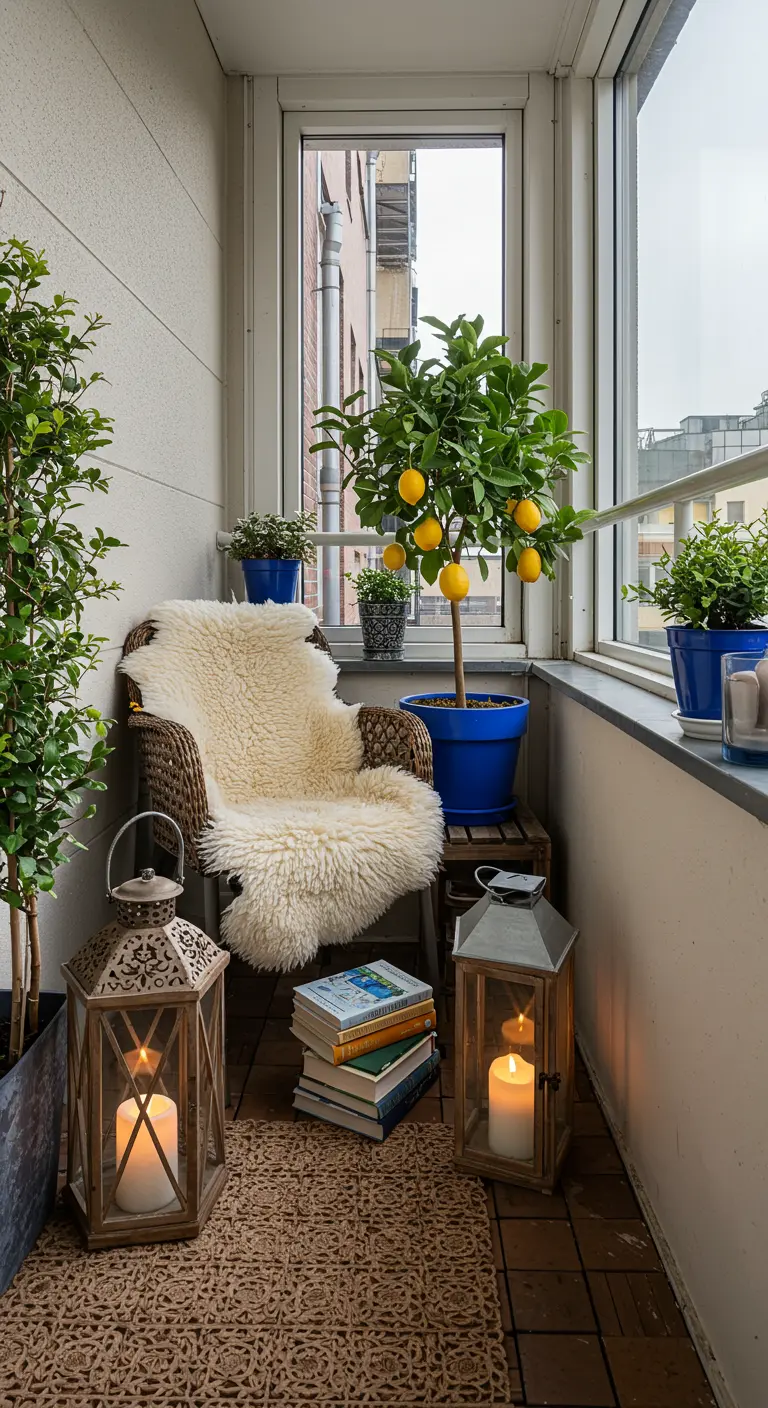An enclosed balcony with a potted lemon tree, blue pots, and a cozy reading chair.