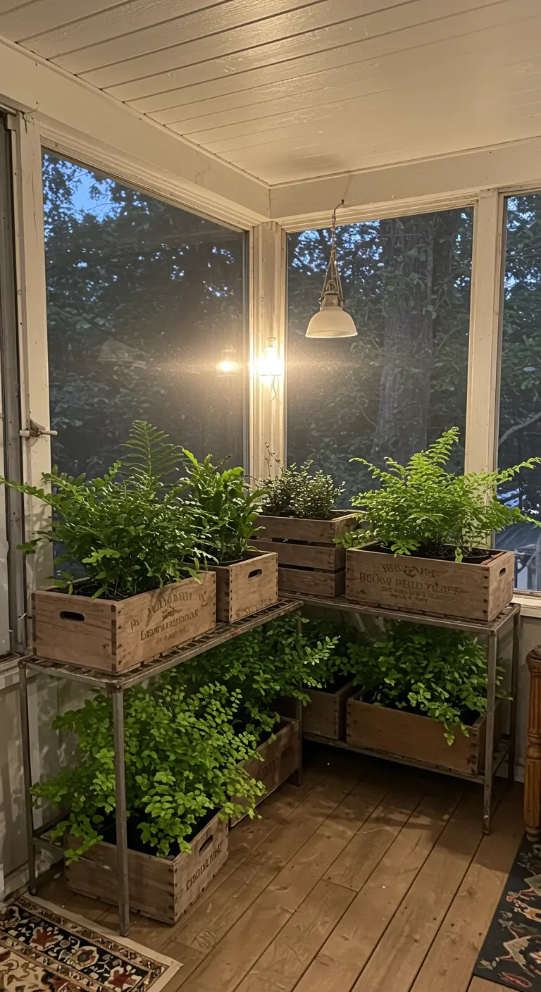 Vintage wooden crates filled with ferns arranged on a metal shelving unit inside a screened-in porch.
