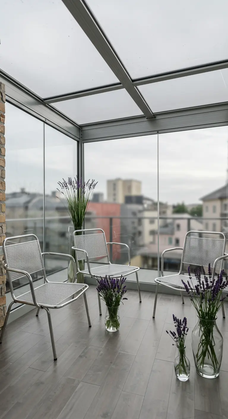 An enclosed glass sunroom with three metal chairs and lavender sprigs in clear glass vases.