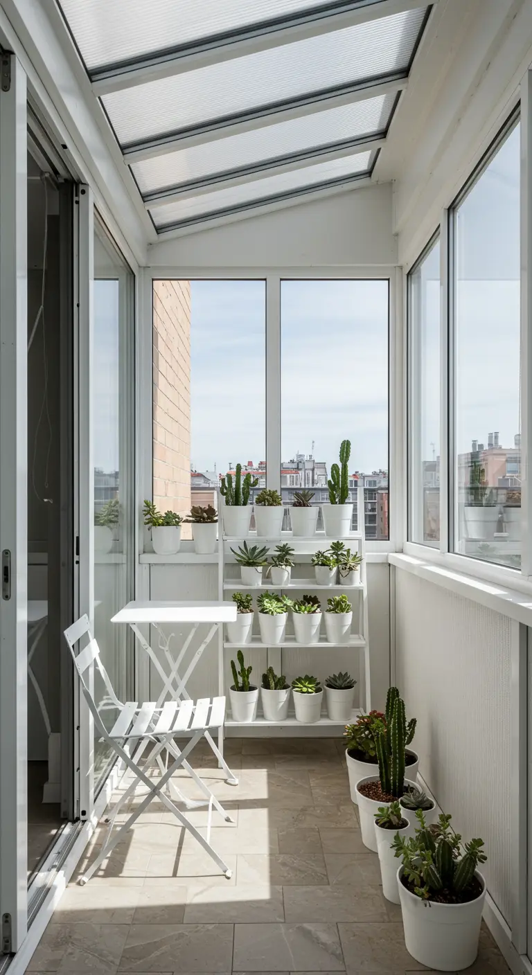 An enclosed balcony filled with succulents on tiered white shelves, creating a greenhouse effect.