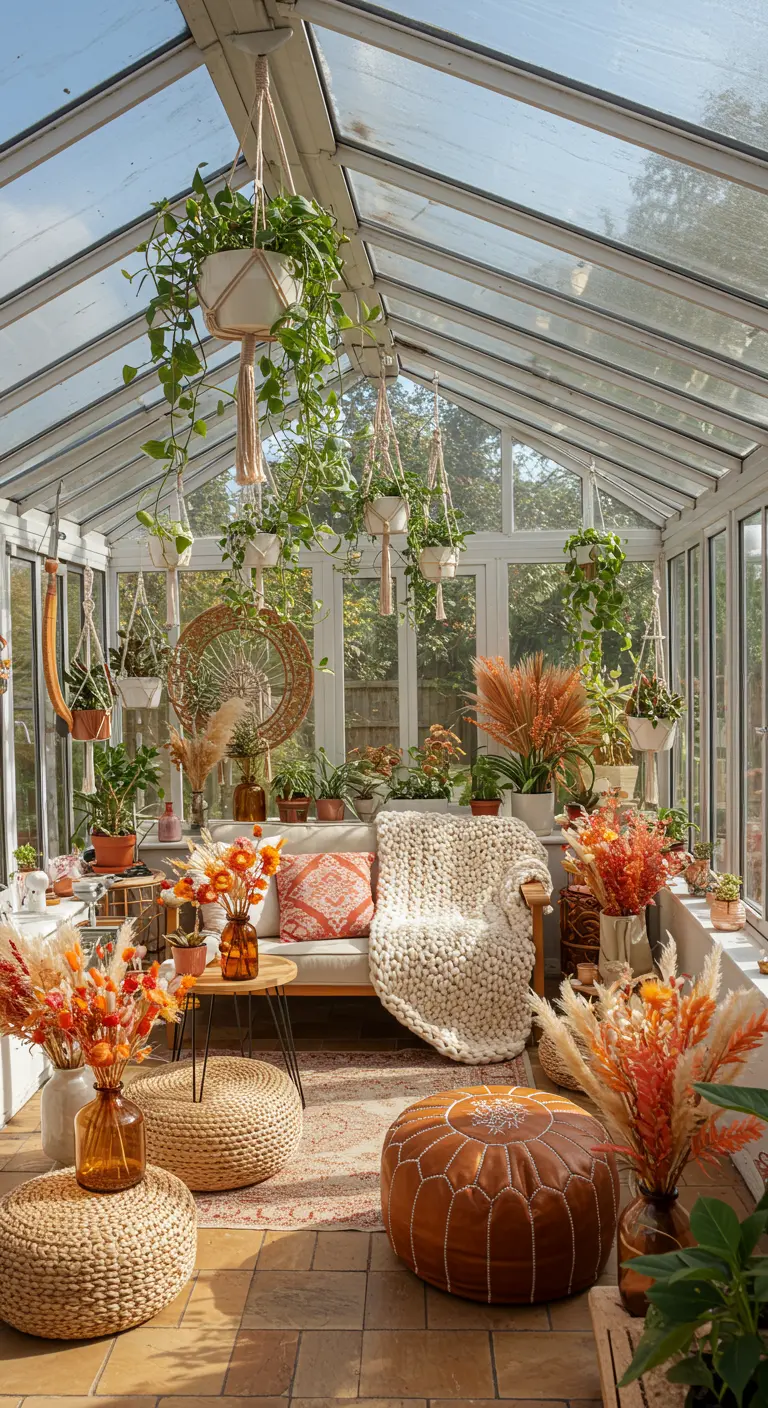 A bright sunroom filled with live and dried plants, macramé hangers, and cozy seating.
