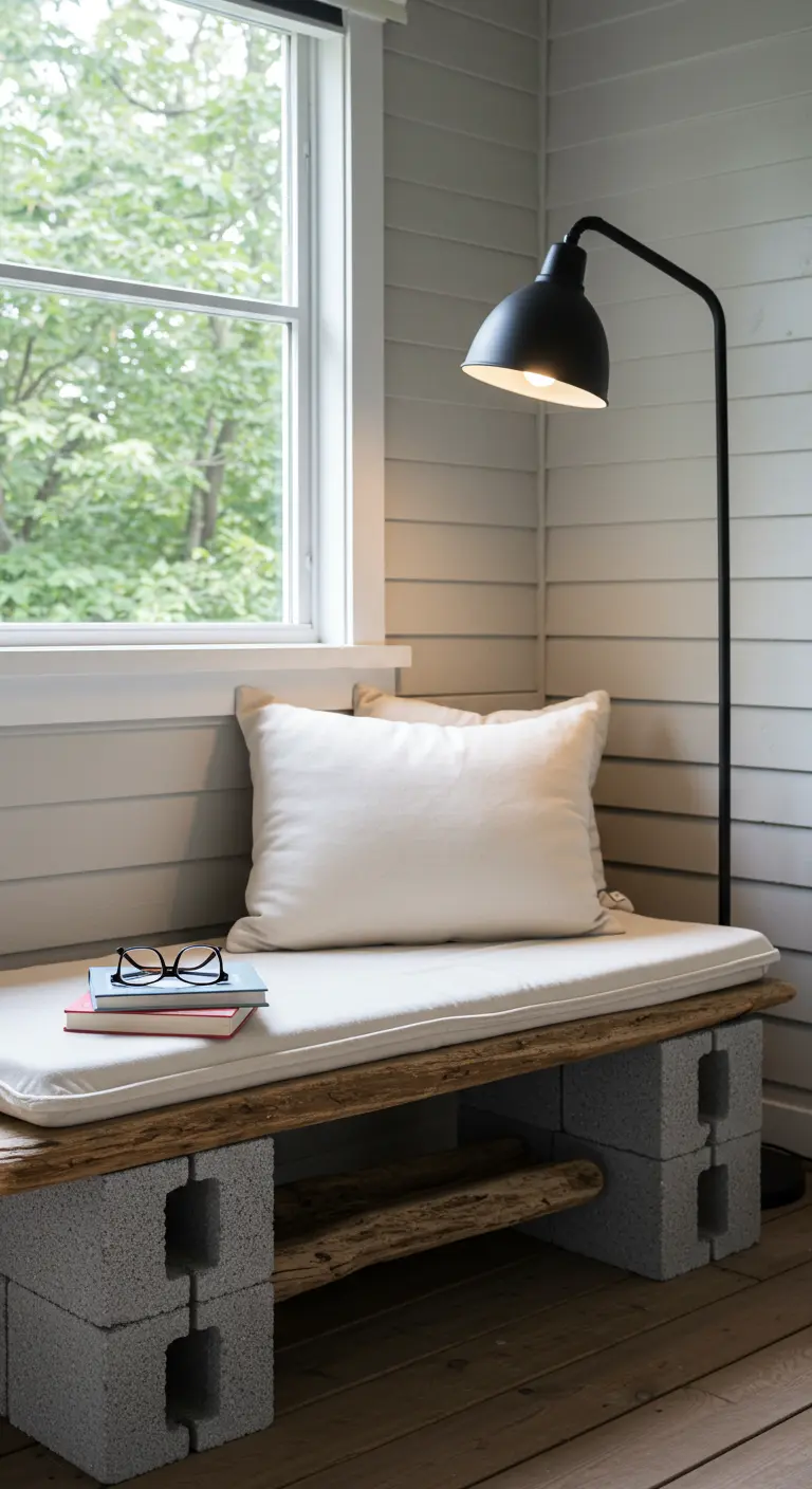 An indoor cinder block and driftwood bench with a lower shelf for books and a reading lamp.