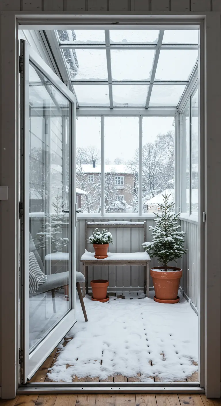 View through an open door into a glass-enclosed balcony with terracotta pots and a wooden bench.