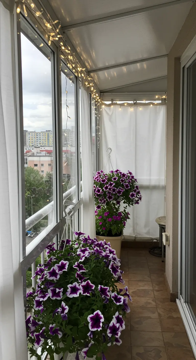 An enclosed glass balcony with large potted petunias and sheer white curtains.