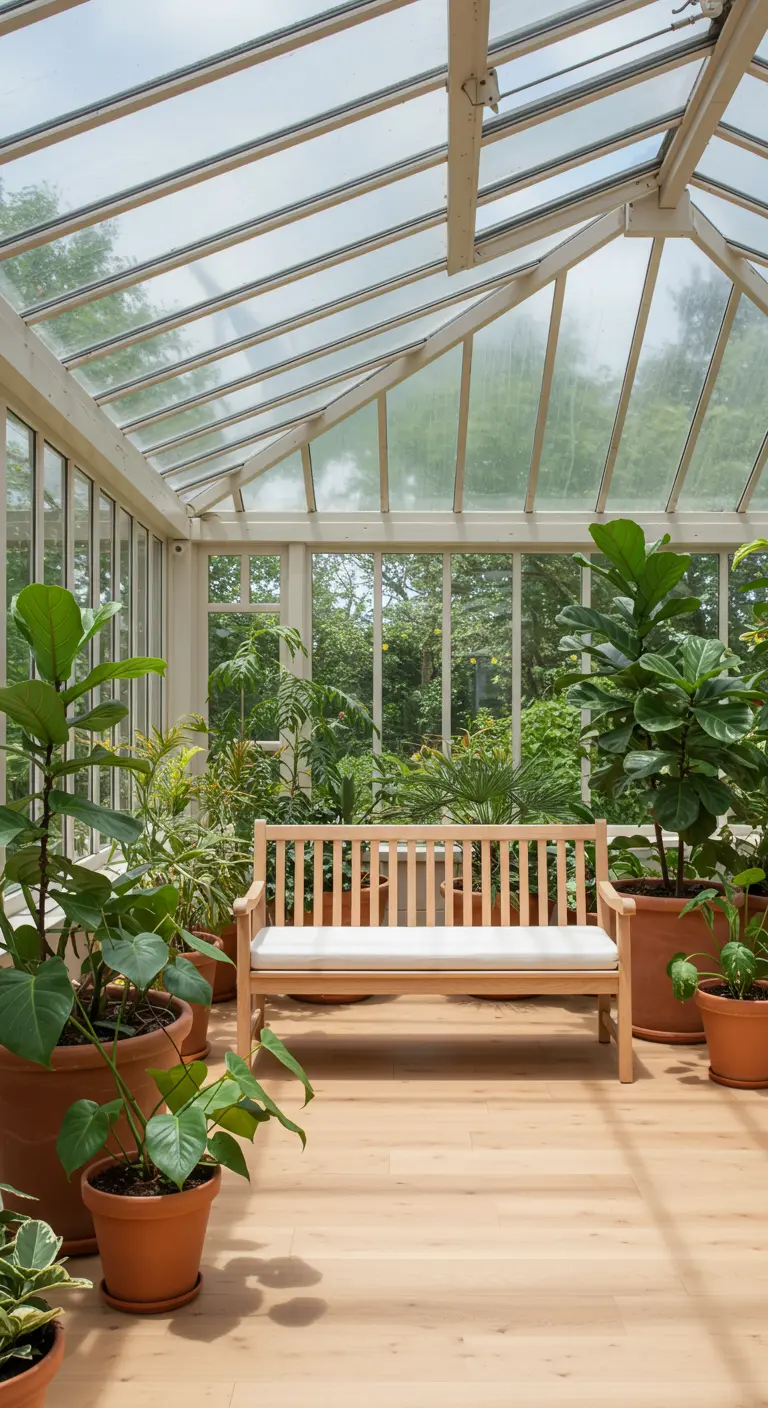 A light wood bench with a white cushion inside a glass greenhouse filled with potted plants.