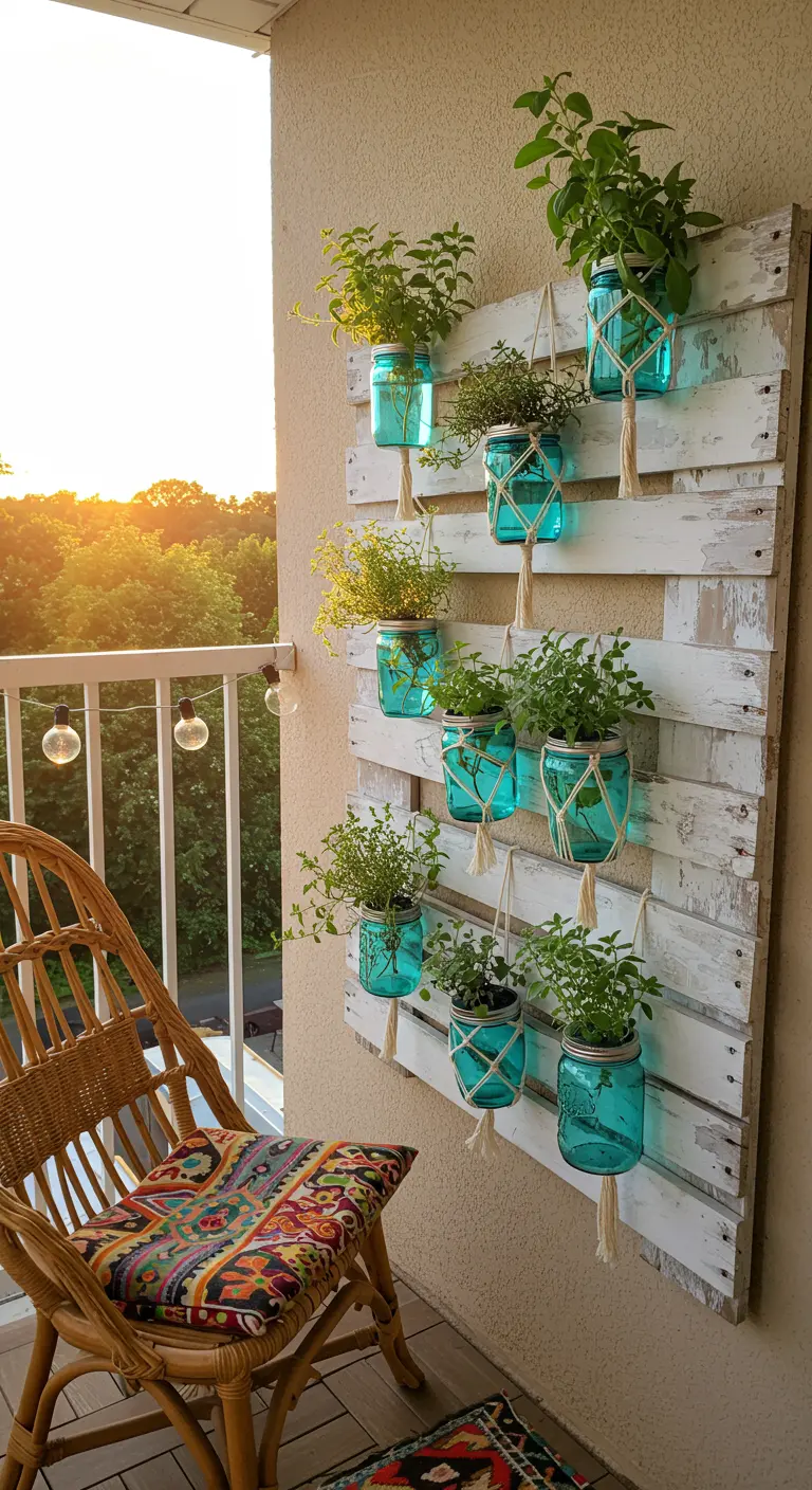 A whitewashed pallet on a balcony holds turquoise mason jars with herbs, next to a rattan chair.