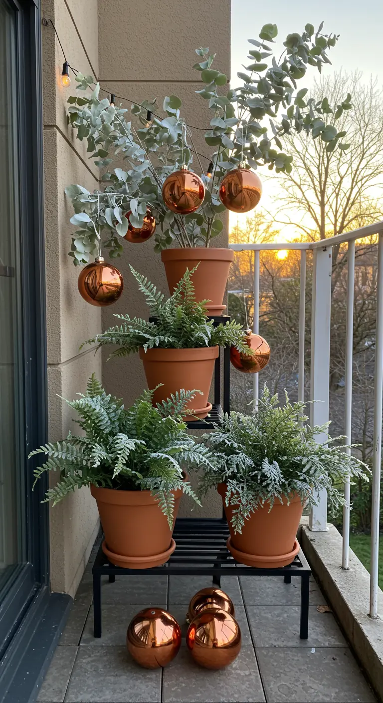 A tiered plant stand on a balcony with terracotta pots and copper baubles.