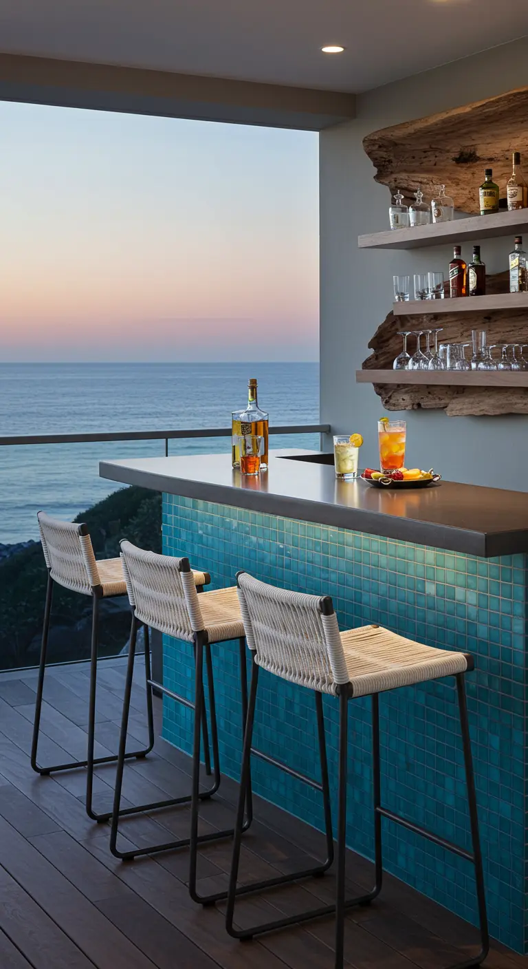 A balcony bar at sunset with a turquoise tiled base, woven bar stools, and live-edge wood shelves.