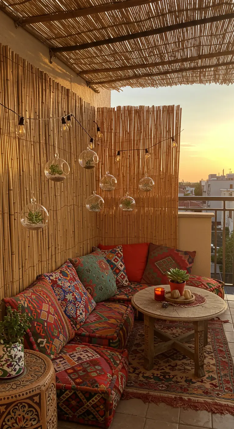 A cozy bohemian balcony with a bamboo screen, colorful cushions, and string lights at sunset.
