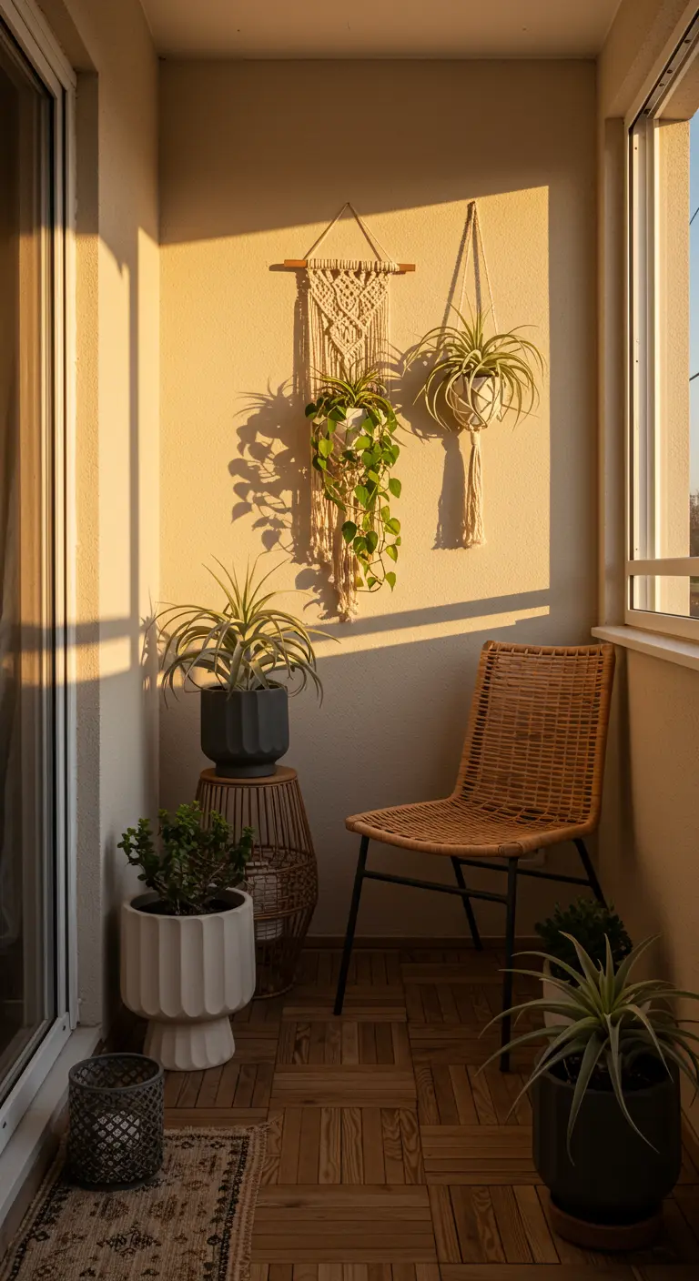 Cozy balcony corner with macrame hangings, a rattan chair, and plants in the evening sun.