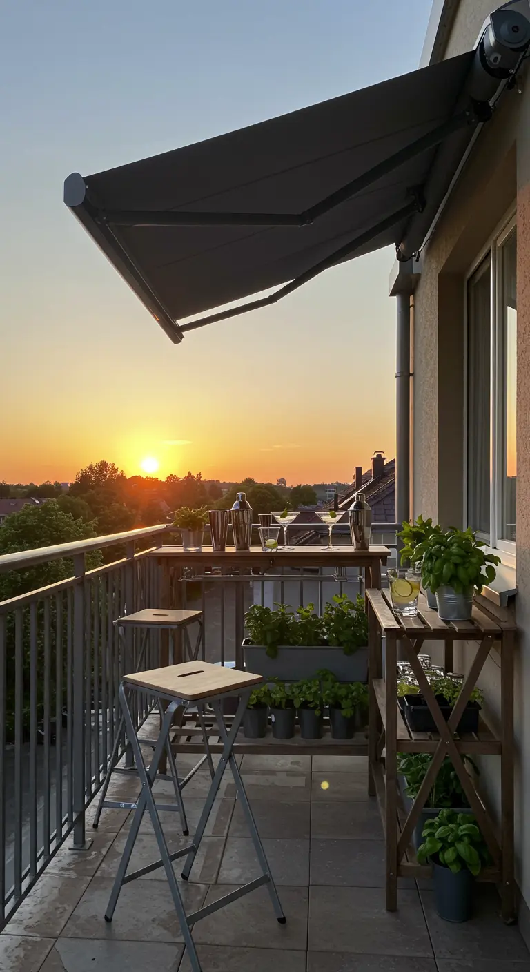 A balcony set up as a bar with high stools and a narrow table overlooking a sunset.