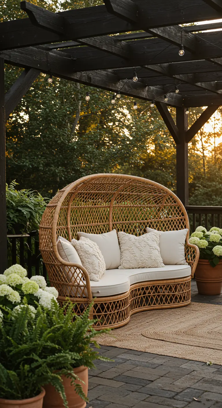 A curved rattan sofa with off-white cushions under a dark wood pergola at sunset.