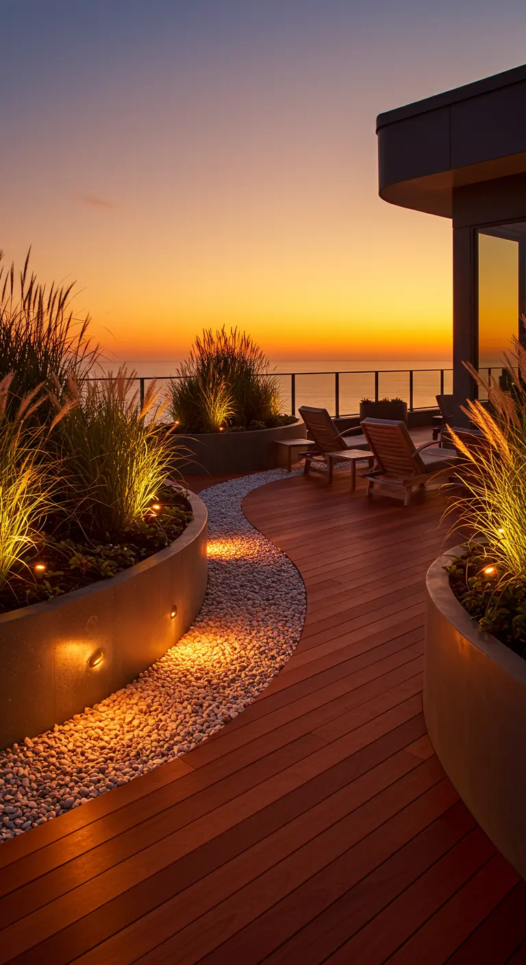 A curved wooden deck at sunset with illuminated planters and lounge chairs.
