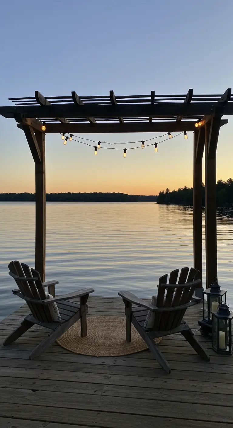 A small pergola on a wooden dock with two Adirondack chairs facing a sunset over the water.