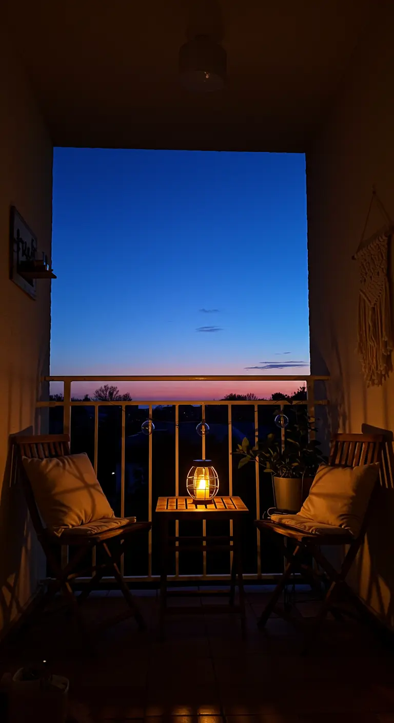 Two chairs silhouetted against a brilliant blue and orange sunset, with a lantern on the table.