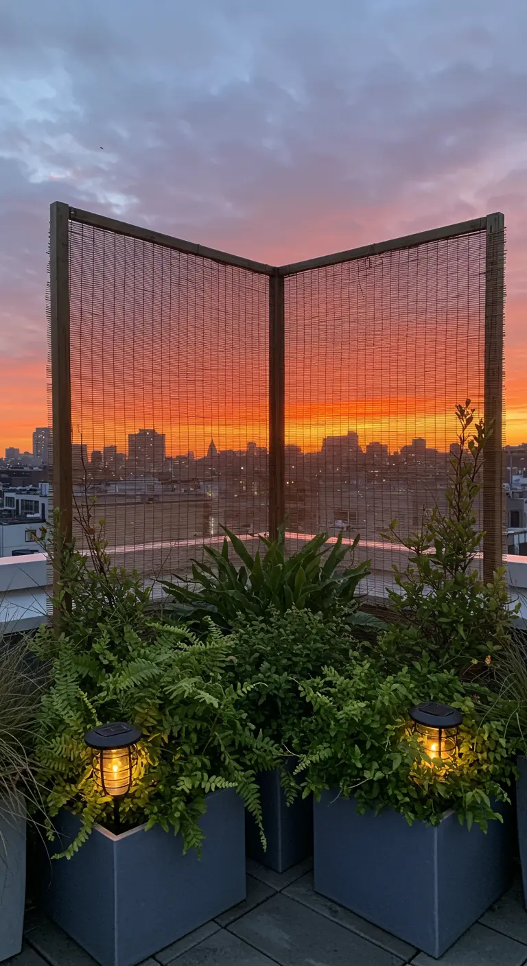 A rooftop balcony corner with a framed bamboo screen beautifully silhouetted by the sunset.
