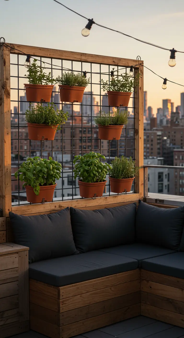 Rooftop garden nook with a grid wall holding potted herbs above a dark gray cushioned bench.