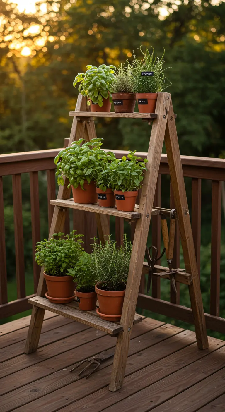 A-frame wooden ladder on a deck holding a variety of fresh herbs in pots at sunset.