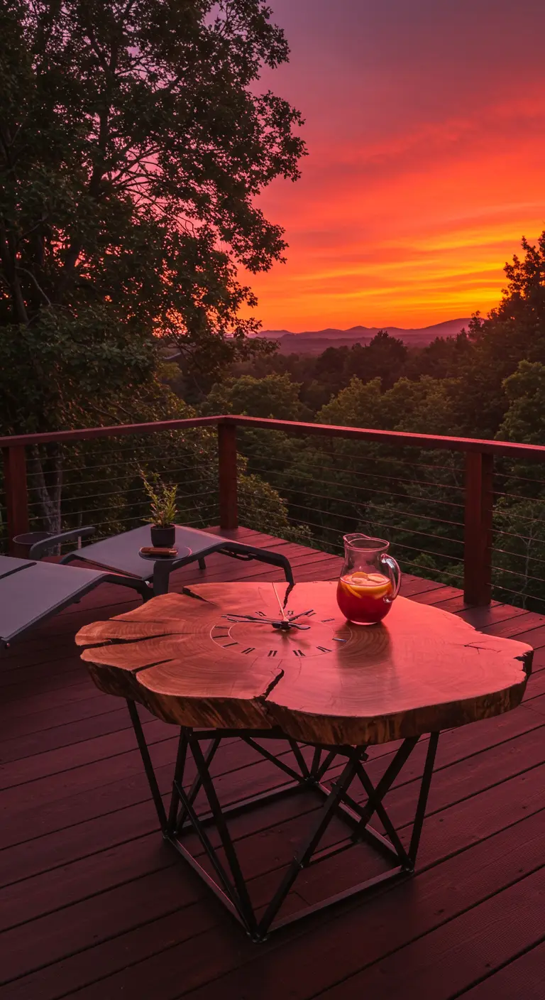 A live-edge wood clock table with a black geometric metal base on a deck at sunset.