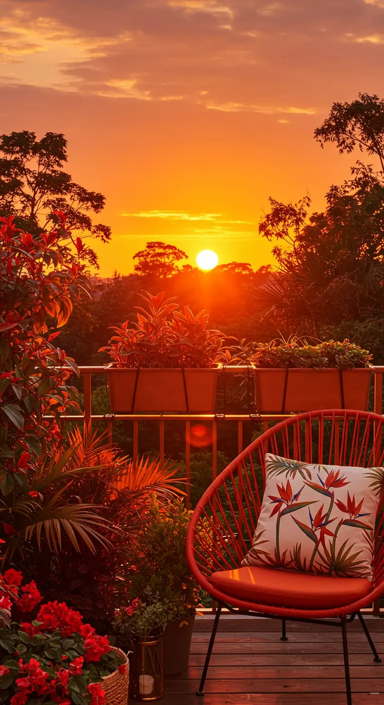 A vibrant red chair on a balcony with red and orange plants, overlooking a sunset.