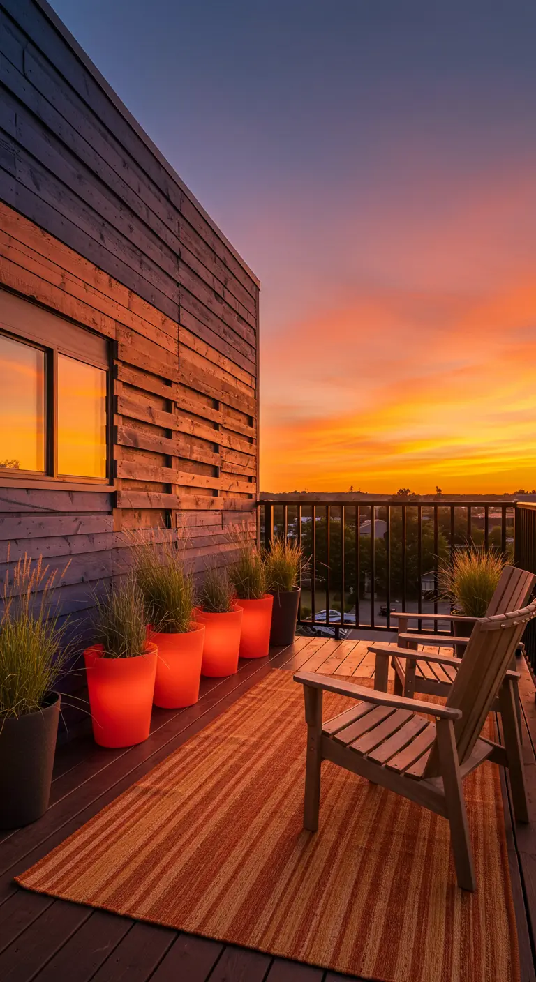 A balcony at sunset with an orange striped rug and orange planters that match the sky.