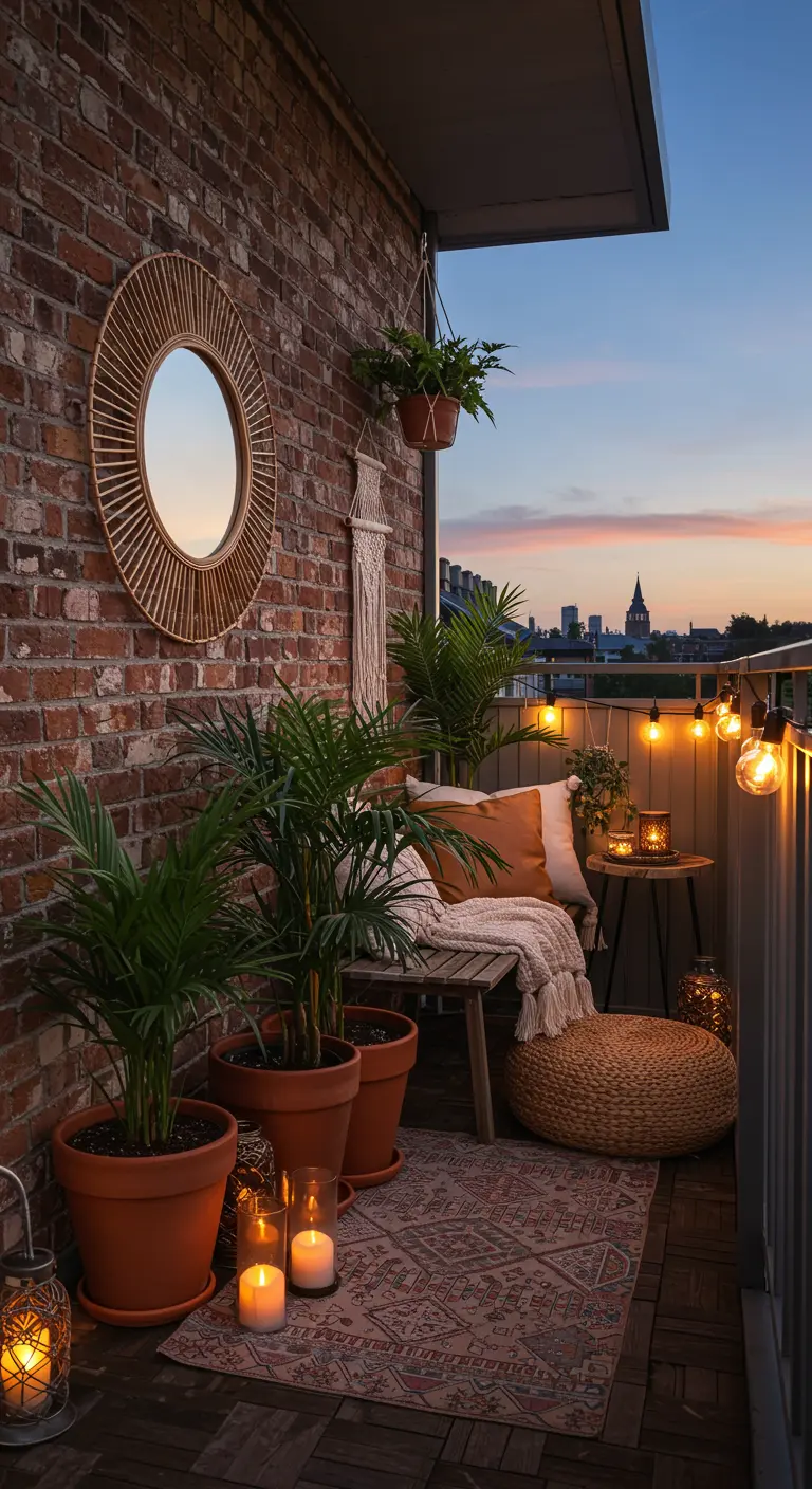 Cozy boho balcony at dusk with a brick wall, round mirror, terracotta pots, and string lights.