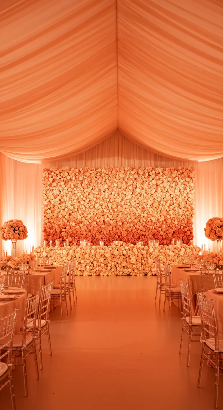 A massive flower wall with an ombré effect, transitioning from cream to deep peach from bottom to top.