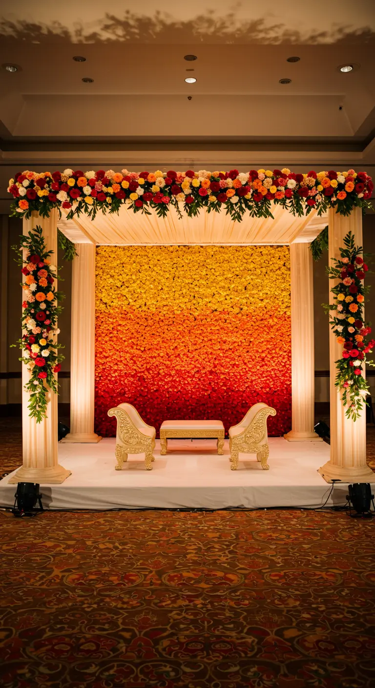 A stunning wedding backdrop featuring an ombre wall of yellow, orange, and red marigolds.