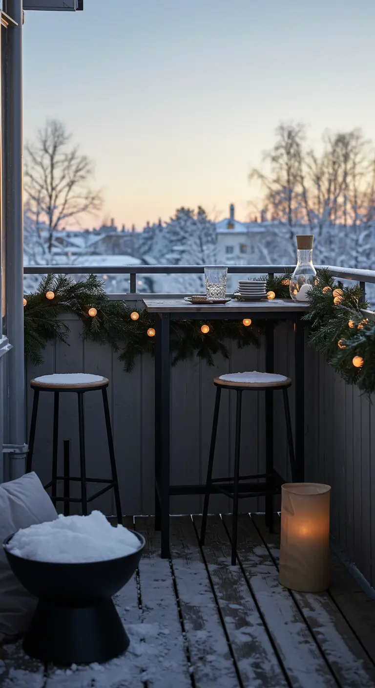 A high-top balcony table at sunset, with a garland and lights on the railing.