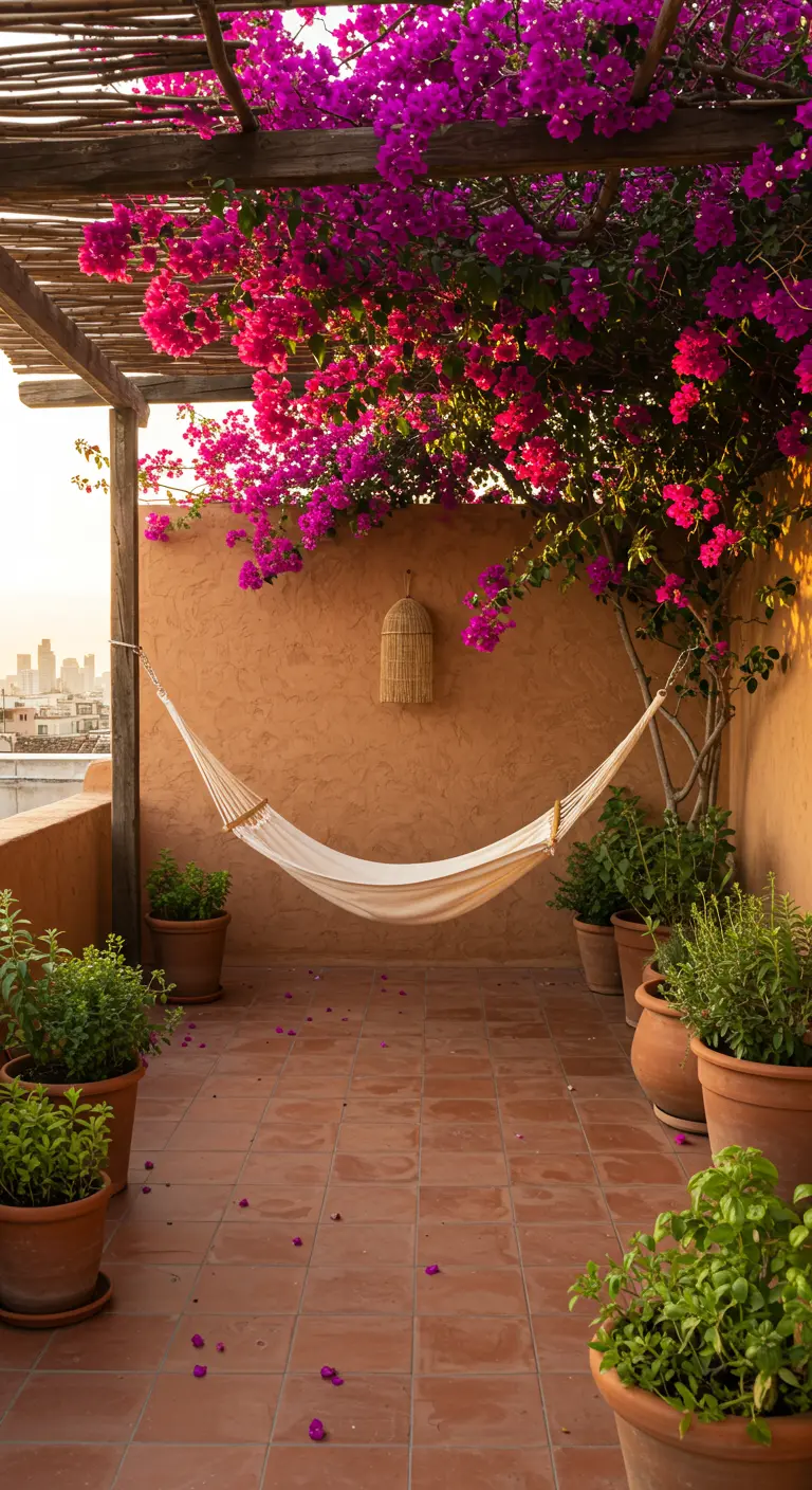 Rooftop terrace with a white hammock under a pergola covered in pink bougainvillea.