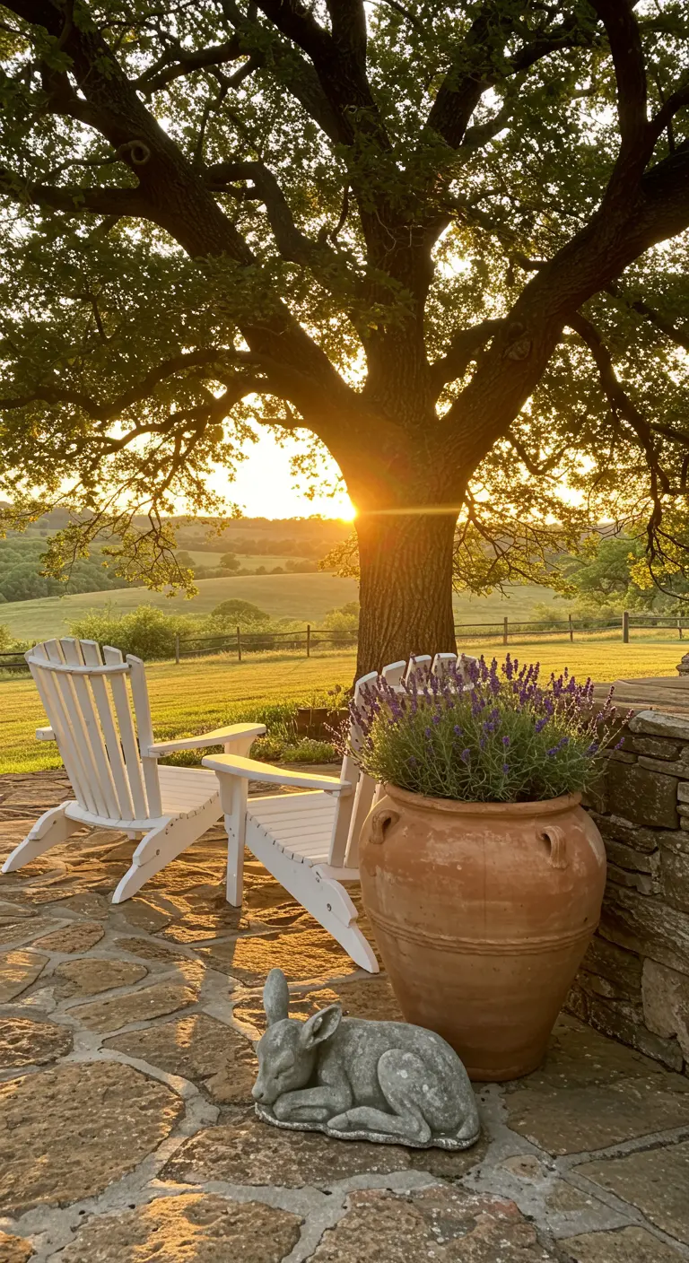 A small rabbit statue next to a large terracotta pot of lavender on a stone patio at sunset.