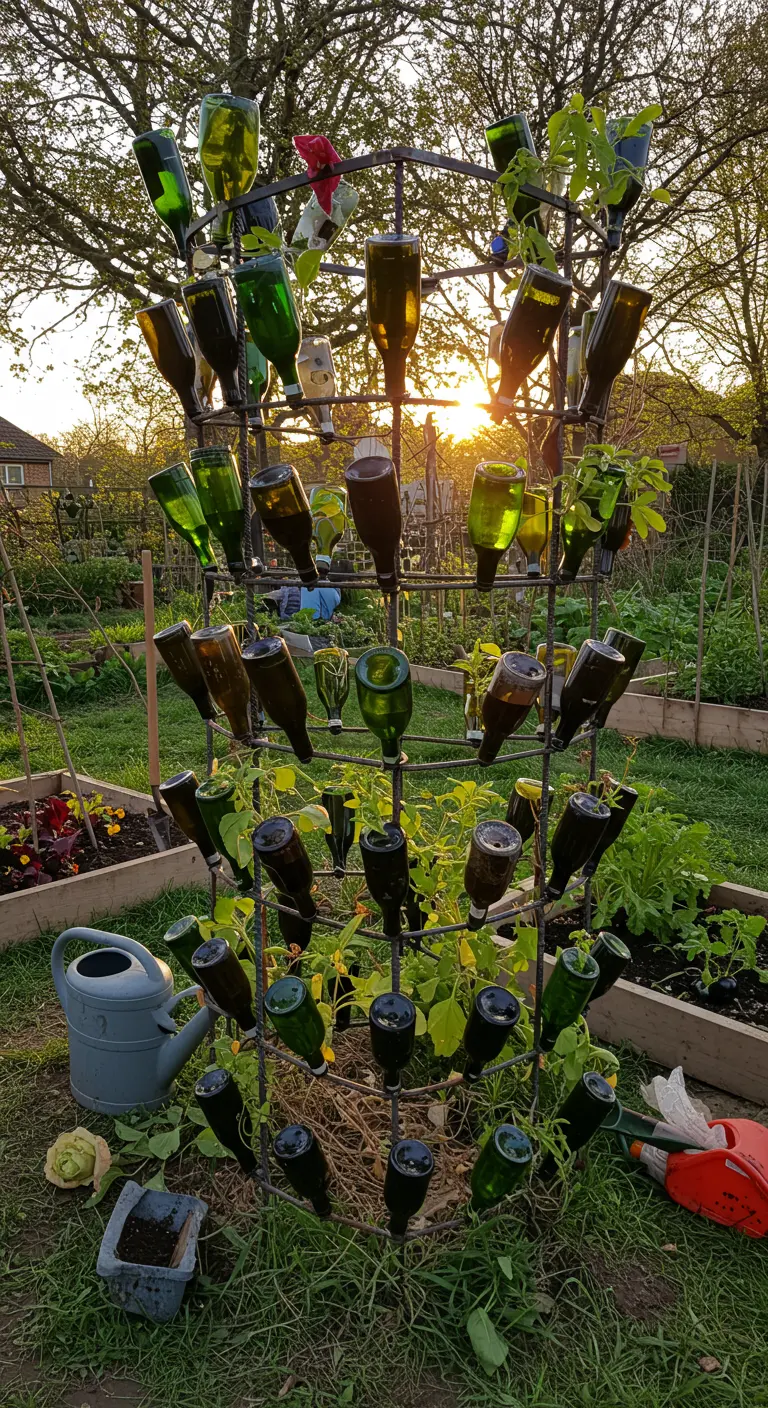 A freestanding bottle tree garden silhouetted against the setting sun.