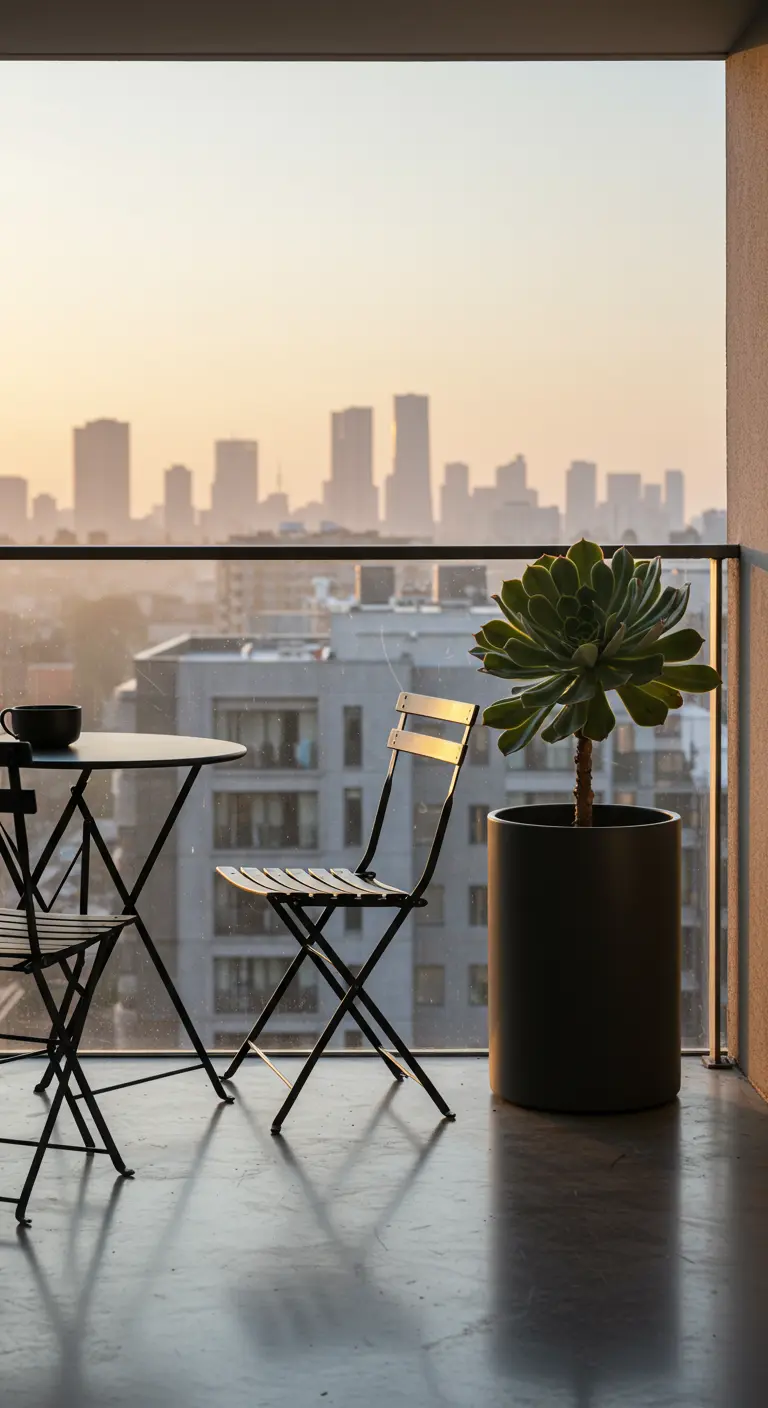 A sleek black bistro set and a large potted succulent on a balcony overlooking a city at sunset.