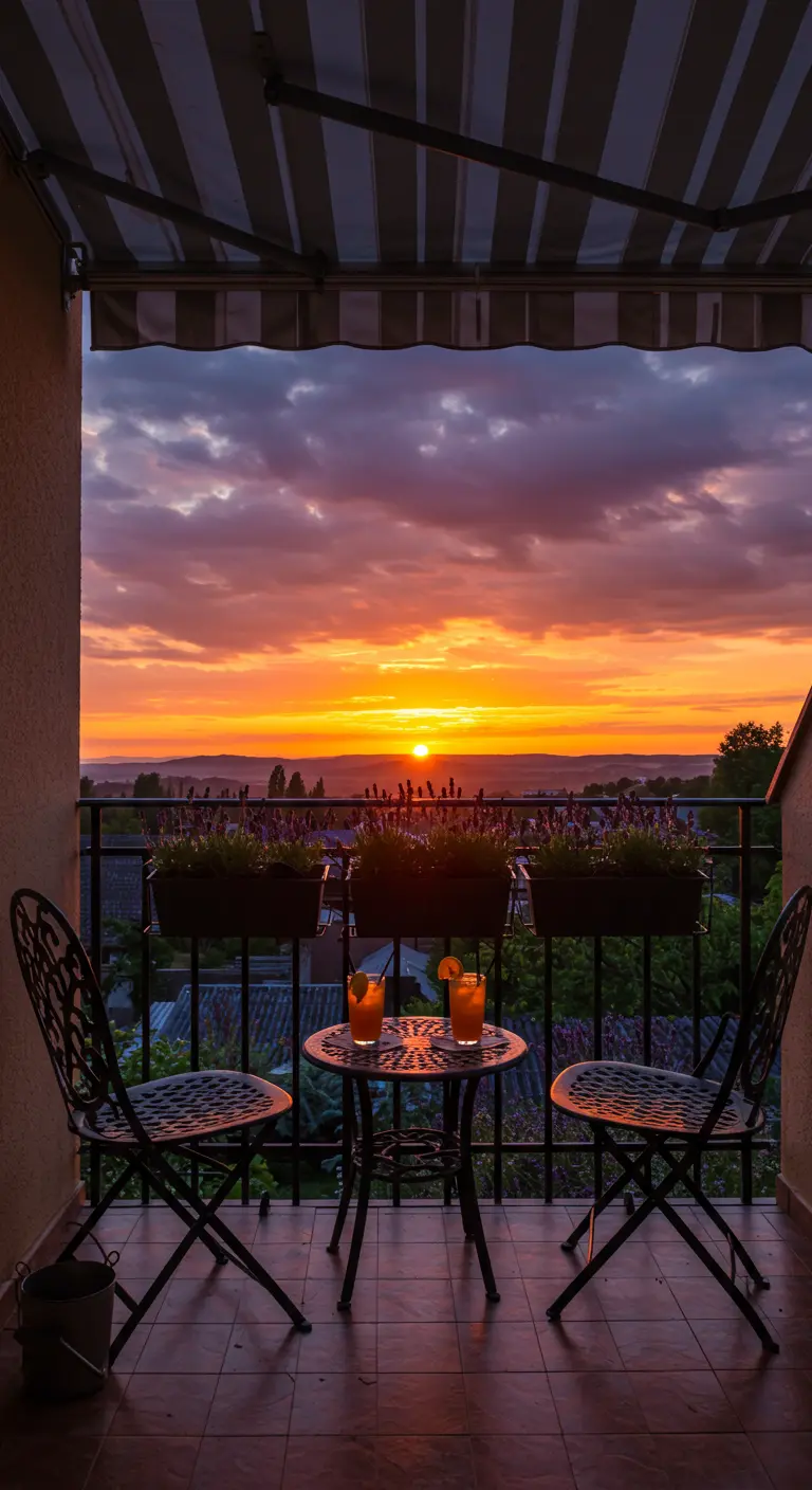 Two bistro chairs silhouetted against a dramatic, colorful sunset over a cityscape.