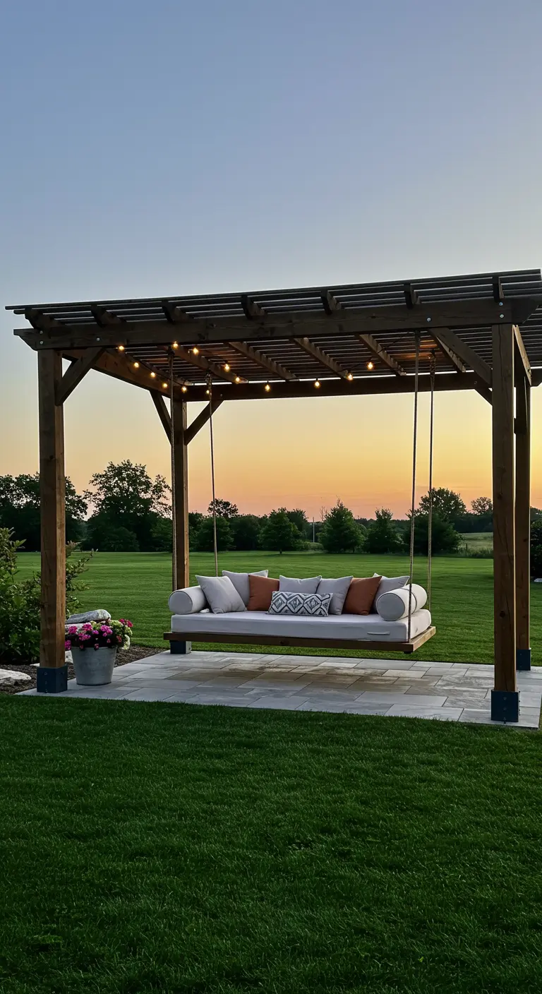 A swinging daybed with plush pillows hangs from a dark wood pergola, silhouetted against a sunset.