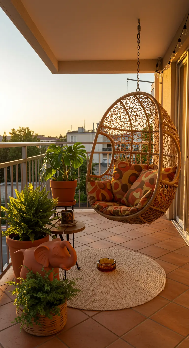 Rattan egg chair on a balcony at sunset with terracotta planters and a jute rug.