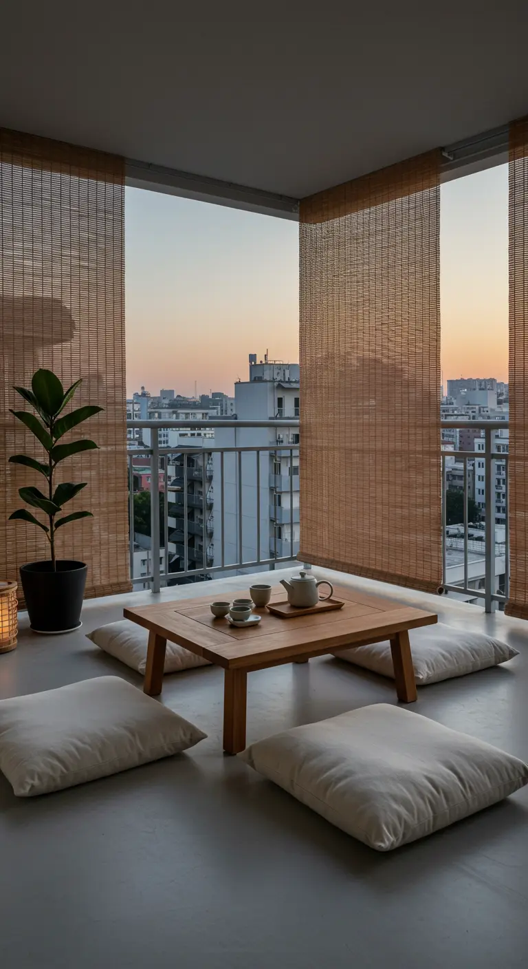 A low teak table with a tea set, surrounded by white floor cushions on a city-view balcony.