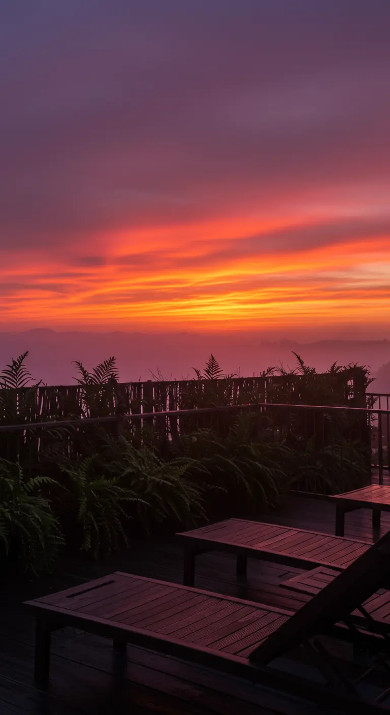 Simple wooden loungers on a balcony facing a spectacular orange and purple sunset.
