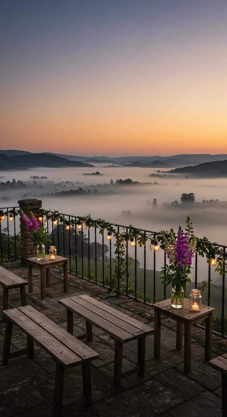 A terrace with simple benches overlooking a foggy valley at sunset, lit by string lights.