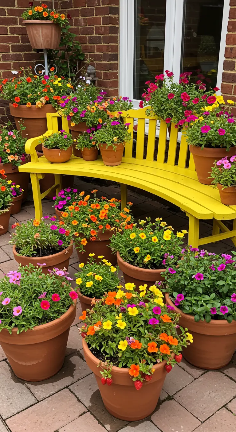 A bright yellow curved wooden bench surrounded by dozens of terracotta pots with colorful flowers.