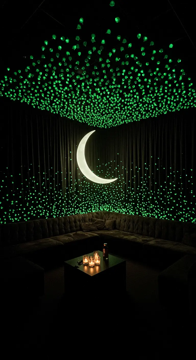 A dark room with the ceiling covered in hundreds of small, glowing green orbs.