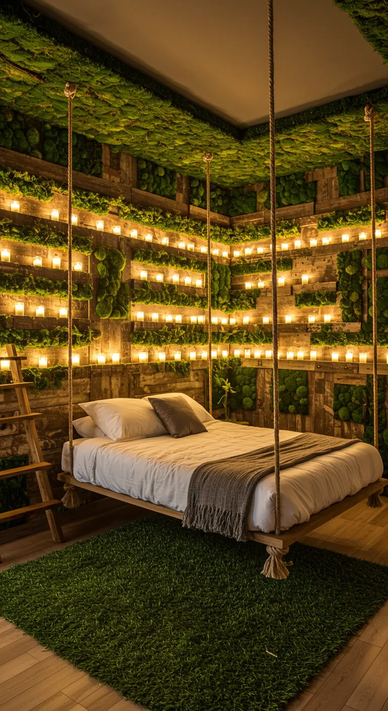 A hanging rope bed in a room with walls featuring a grid of shelves holding candles.