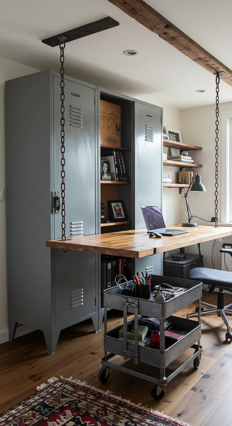 A wooden desk suspended by thick metal chains from a ceiling beam in front of gray lockers.